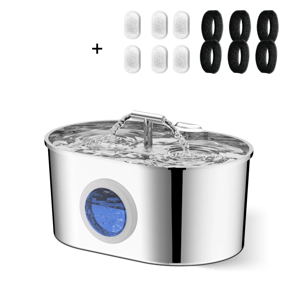 2.2L Dog Fountain Stainless Steel Automatic Pet Drinker With Filter Quiet Indoor Animal Watering Fountain