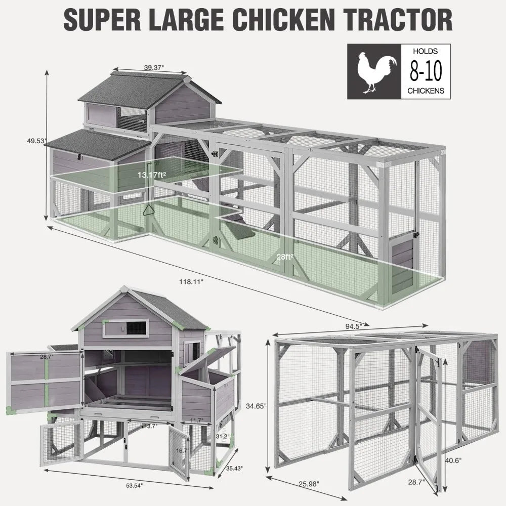 Large Chicken Coop with Run - Wooden Hen House with 6 Nesting Boxes and Removable Tray, 41.3ft² Poultry Pet Hutch Run Cage with