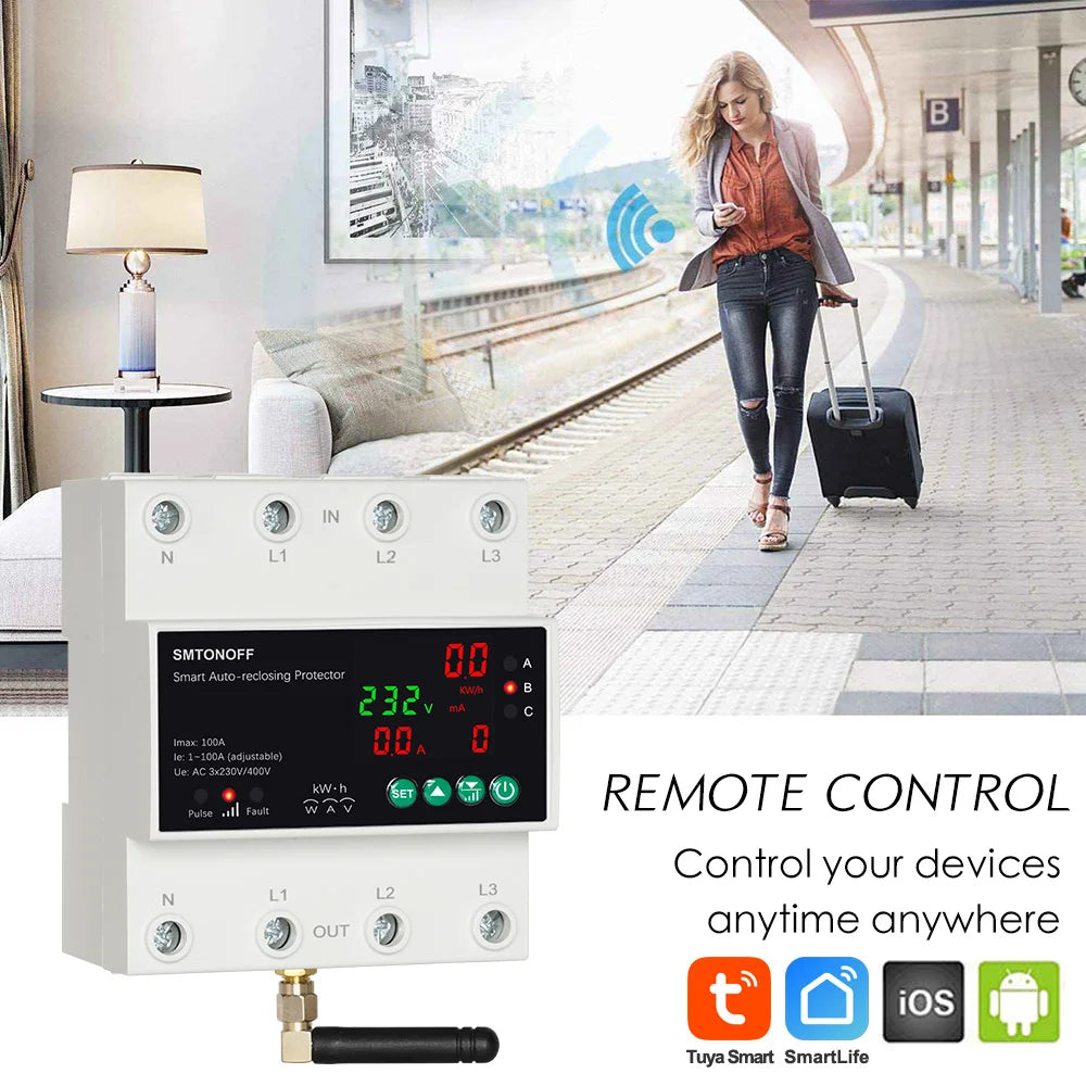 Interruptor temporizador de medidor prepago con control remoto por voz Tuya WiFi trifásico 4P 100A con reconexión automática y protector contra sobretensión y subtensión