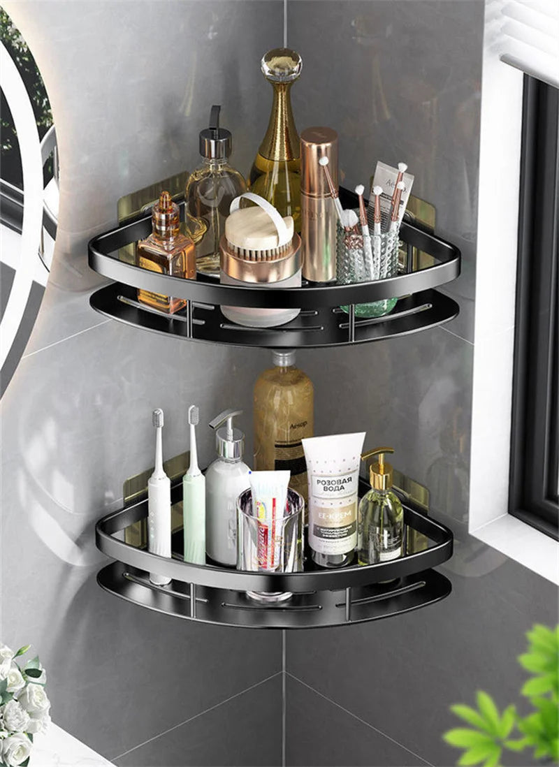 Estante de baño de aleación de aluminio, estante para champú, organizador de almacenamiento de maquillaje, estante de ducha, accesorios de baño, estante de esquina de pared sin taladro