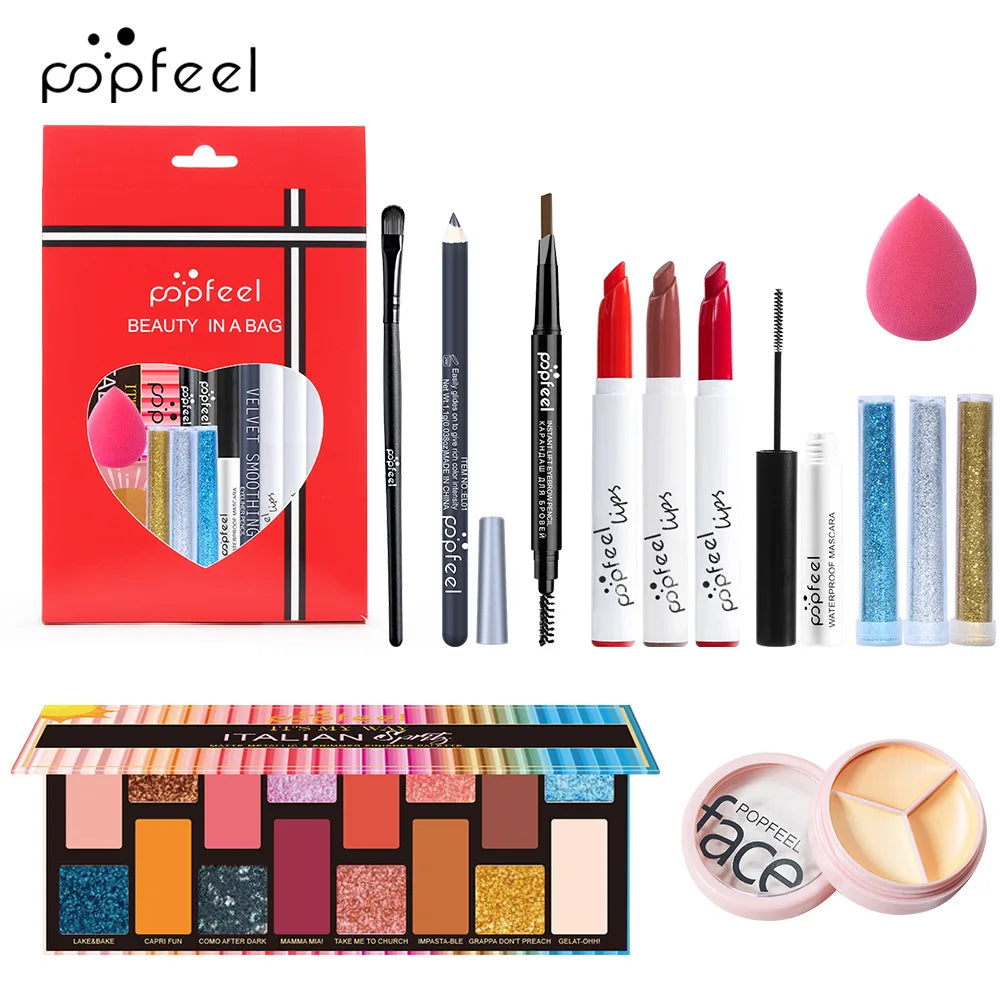 Popfeel All in One Makeup Kit Gift Set with Eyeshadow Palette Foundation Lip Gloss Blush Brushes and Eyeliner Essential Beauty Collection