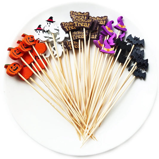 100/50Pcs Halloween Disposable Bamboo Skewers Pumpkin Ghost Fruit Fork Buffet Dessert Cocktail Bamboo Stick Halloween Decoration