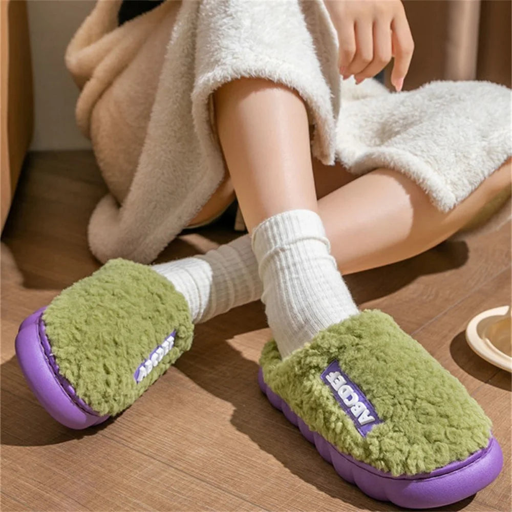 Women Winter Warm Home Slippers Thicken Indoor Boy Girl Floor Slides Plush High Heels Fur Cotton Shoes Ladies Couples Slipper