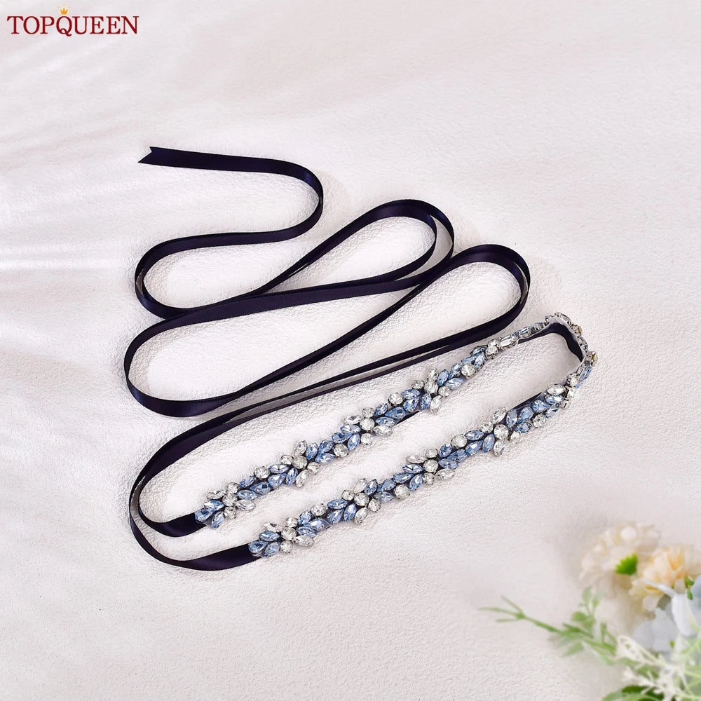 TOPQUEEN Long Thin Light Blue Rhinestone Belt Handmade Bridal Accessories Women's Versatile Dress Wedding Belt Tie Ribbon S437