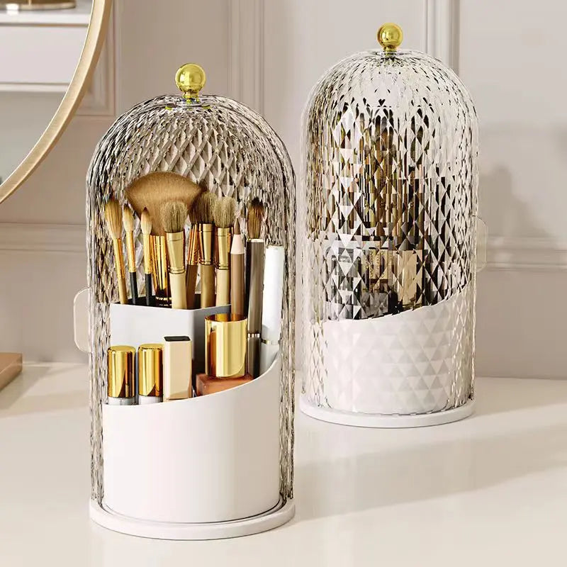 Makeup Brush Holder with Lid Diamond Birdcage 360 Rotating Organizer