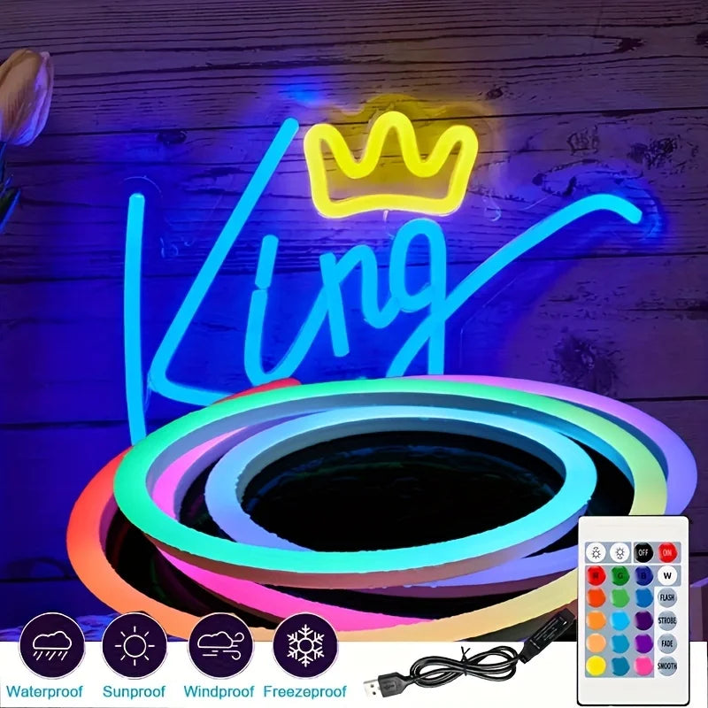 Smart Neon LED Strip Light Sign Remote Control RGB Flexible Waterproof Tape for Home Outdoor Decor 1/3/5m
