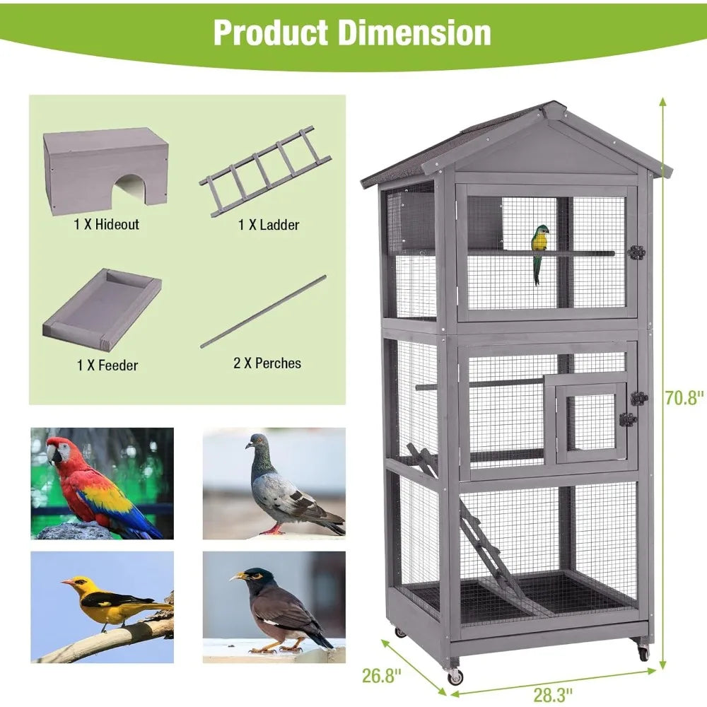 Bird Cage Outdoor Wooden Aviary Indoor, 70" H Large Parrot Cage with 4 Casters, Flight Bird Cages for Parrot Lovebirds Finches(