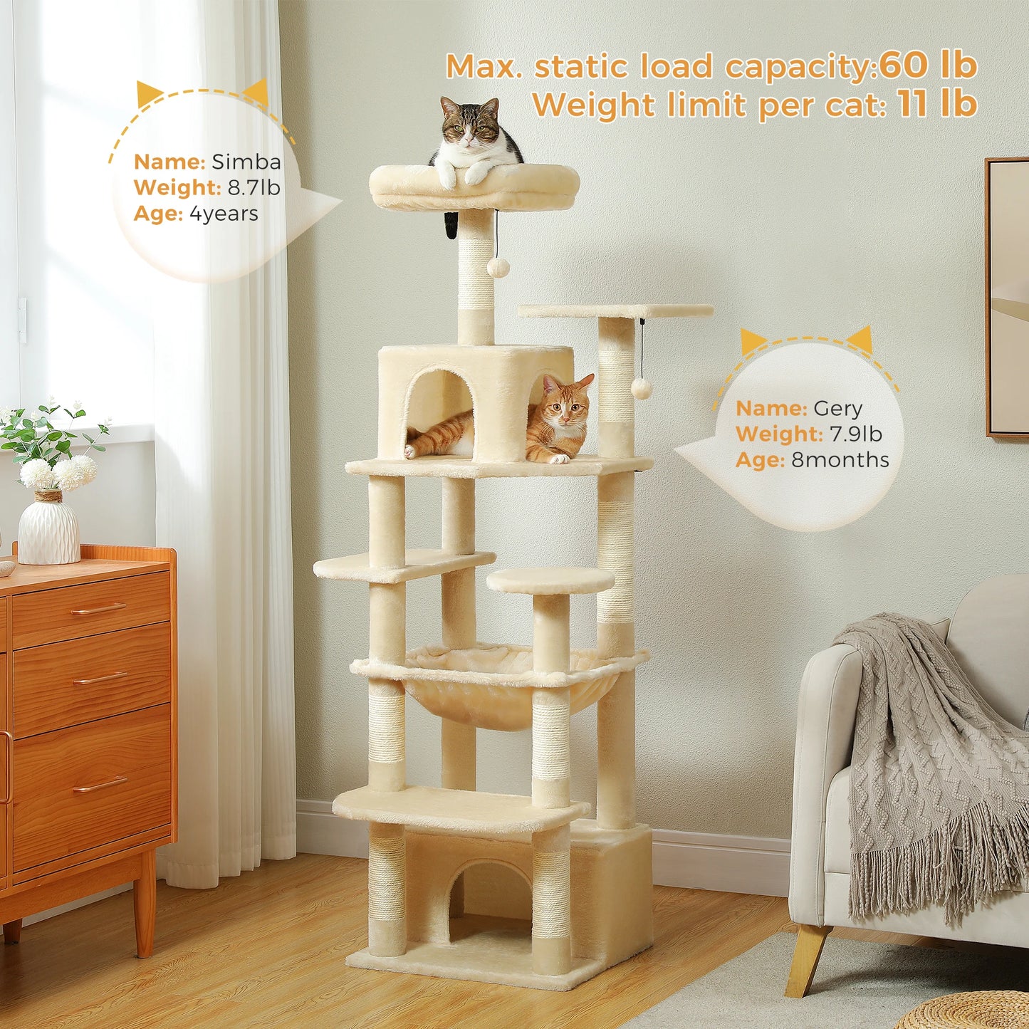 184cm Large Cat Tree and Tower for Indoor Cats With Scratching Posts and Spacious Hammocks