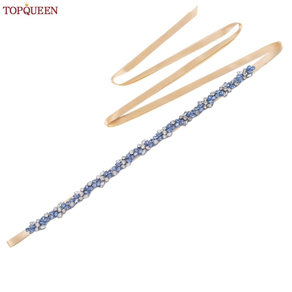 TOPQUEEN Long Thin Light Blue Rhinestone Belt Handmade Bridal Accessories Women's Versatile Dress Wedding Belt Tie Ribbon S437