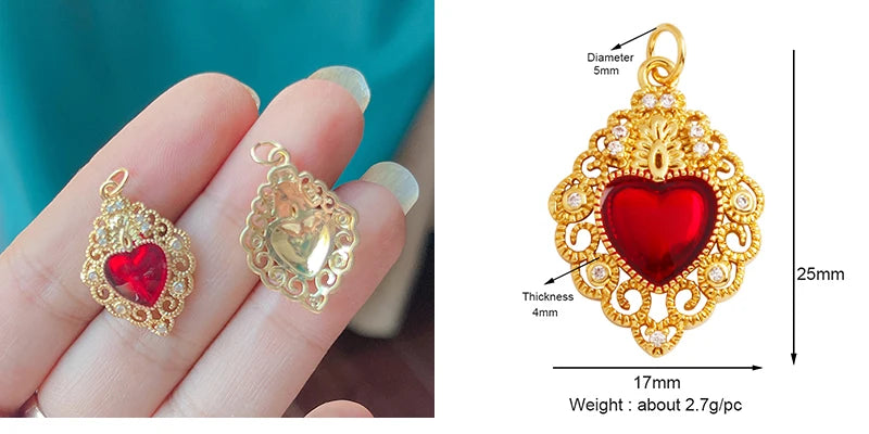 New Sacred Red Heart Charm Pendant 18K Gold Plated Zircon