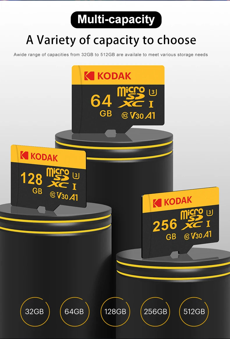 Tarjeta de memoria Micro SD Kodak Clase 10 32 GB 64 GB 128 GB 256 GB U3 4K Tarjeta de memoria de alta velocidad Memoria flash TF Mecard C10