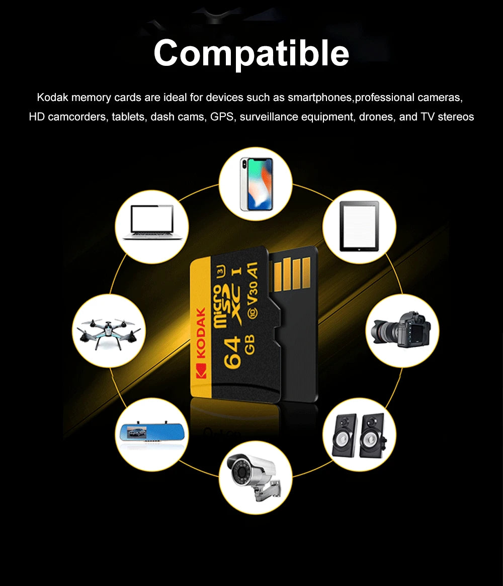 Grabadora de conducción con tarjeta de memoria KODAK de 32 GB y 64 GB, tarjeta de memoria Micro SD para teléfono móvil, PC, auriculares, altavoces, cámara HD, interruptor de juego