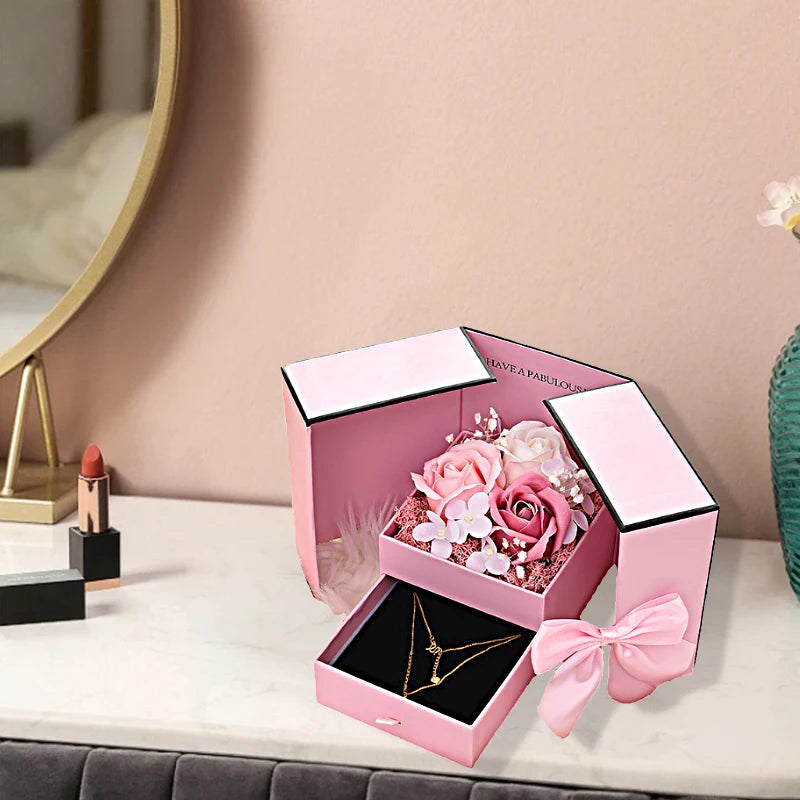 Rose Jewelry Gift Box Bow Packaging Luxury Double Door Drawer Necklace For Girlfriend Mom Simulation Flower Creative Romantic