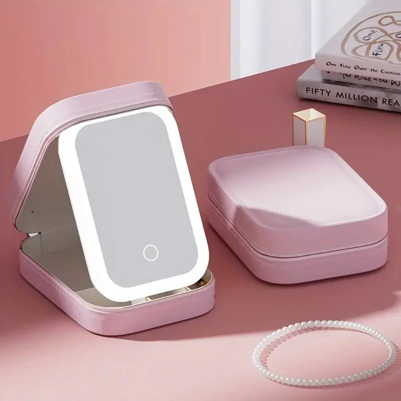 LED Mirror Makeup Storage Box Portable Travel Cosmetic Case Large Capacity with Built-In Light for Easy Application
