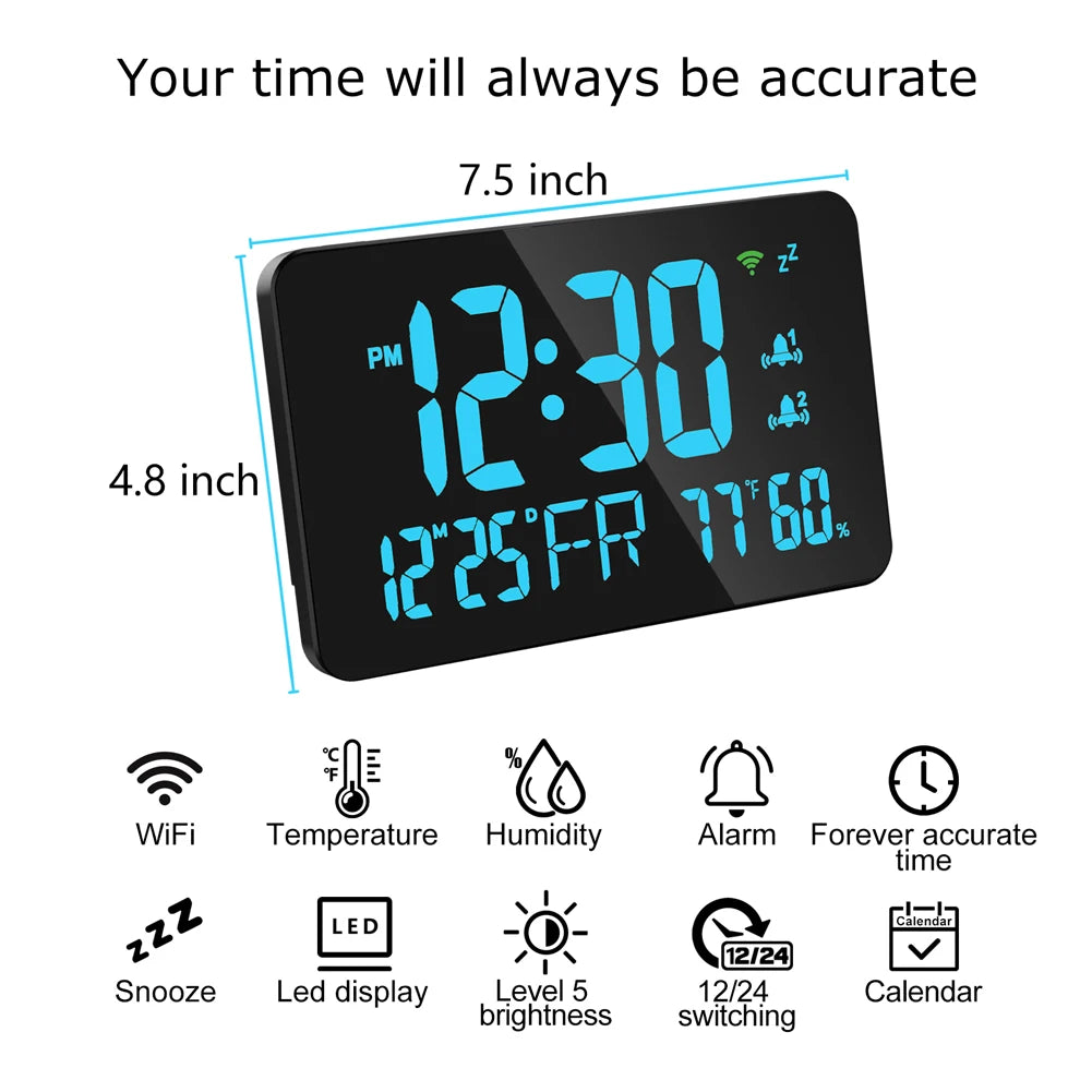 Tuya WiFi Desktop Clock Calendar with Intelligent Thermometer and Hygrometer Digital LED Display Auto-Calibration and Four Levels