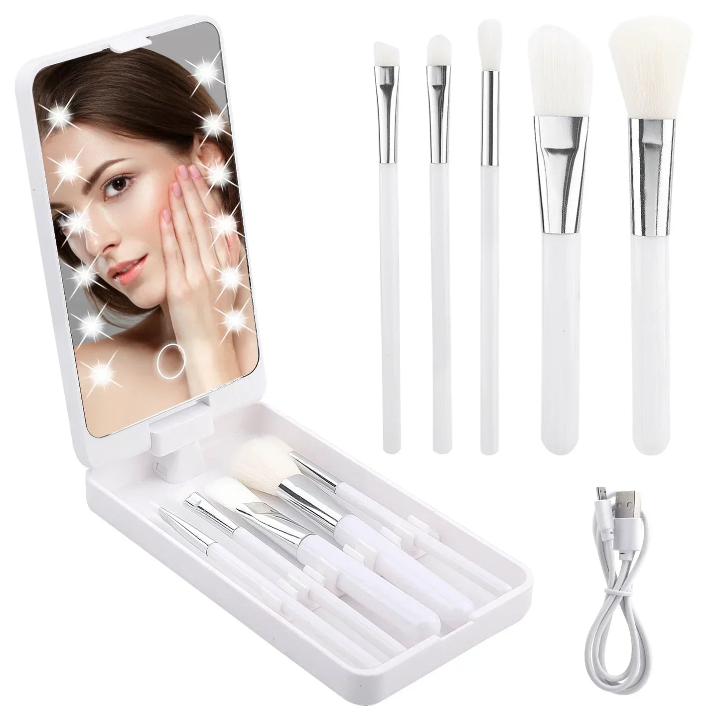 Lighted Rotatable Makeup Mirror with 5 Essential Makeup Brushes Portable Beauty Accessory for Travel