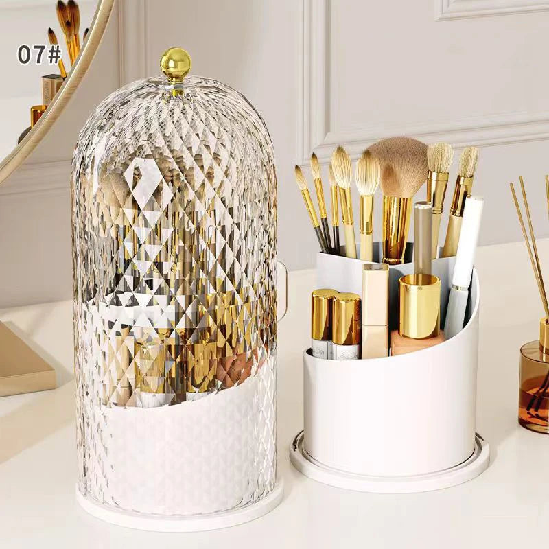 Makeup Brush Holder with Lid Diamond Birdcage 360 Rotating Organizer