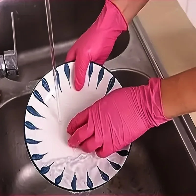 Pink Nitrile Disposable Household Gloves XS to L Elastic Latex Free Waterproof Durable Cleaning Tool