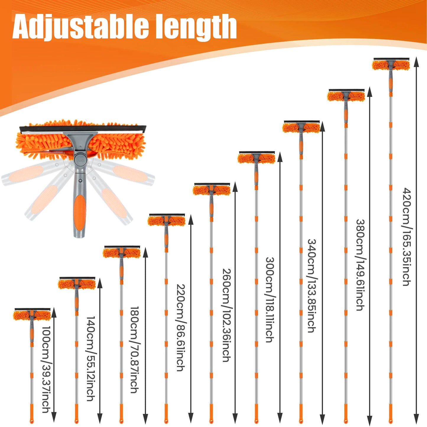 Extended Window Cleaning Kit with 2 in 1 Double Sided Glass Squeegee and Duster Mop 180 Degree Swivel Design for Effortless High Reach Cleaning