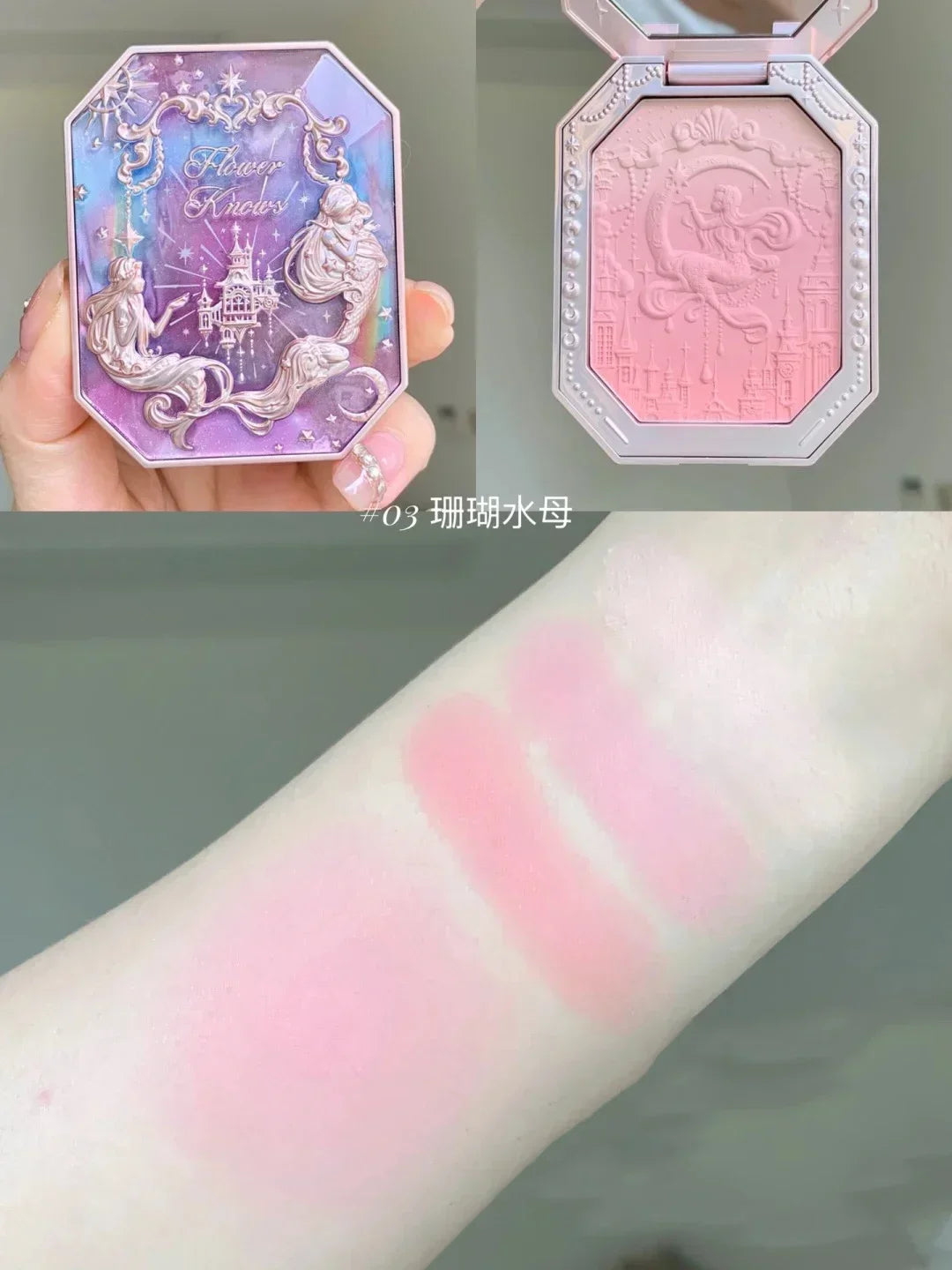 Flower Knows Tri-Color Gradient Cheek Blush Moonlight Mermaid Matte Finish Vegan Cruelty Free Makeup