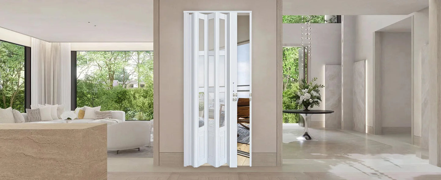 Accordion Door with Clear Panels, Interior Folding Door Includes Hardware and Lock, White Multifold Interior Doors