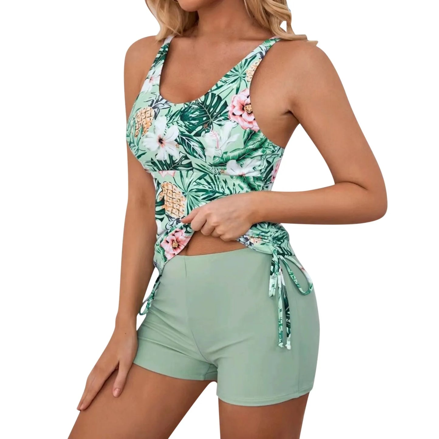 Women's Conservative Bathing Suit Floral Print Sleeveless Drawstring Camisole Solid  Swim Shorts Swimsuit Female Bathing Suit