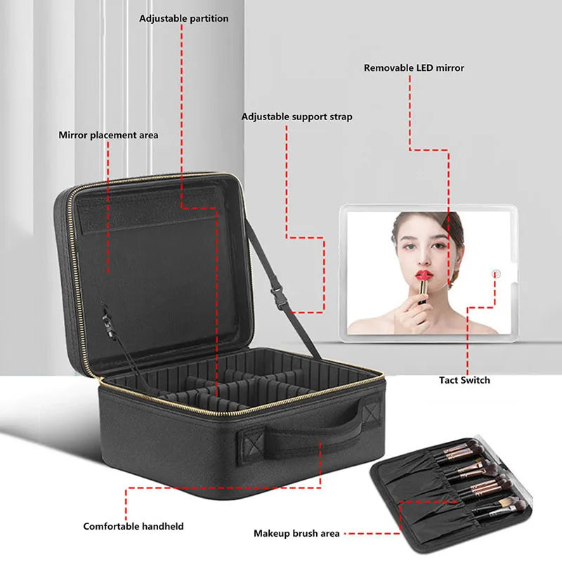 Smart LED Travel Makeup Case with Mirror Large Capacity Organizer for Women and Beauticians