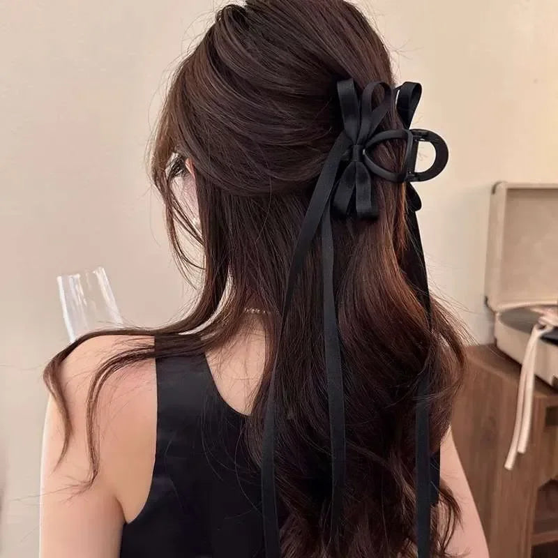 Vintage Long Satin Hairpins Big Velvet Bow Fashion Elegant Women Black Bowknot Hair Claw Hair Clips Korean Hair Accessories