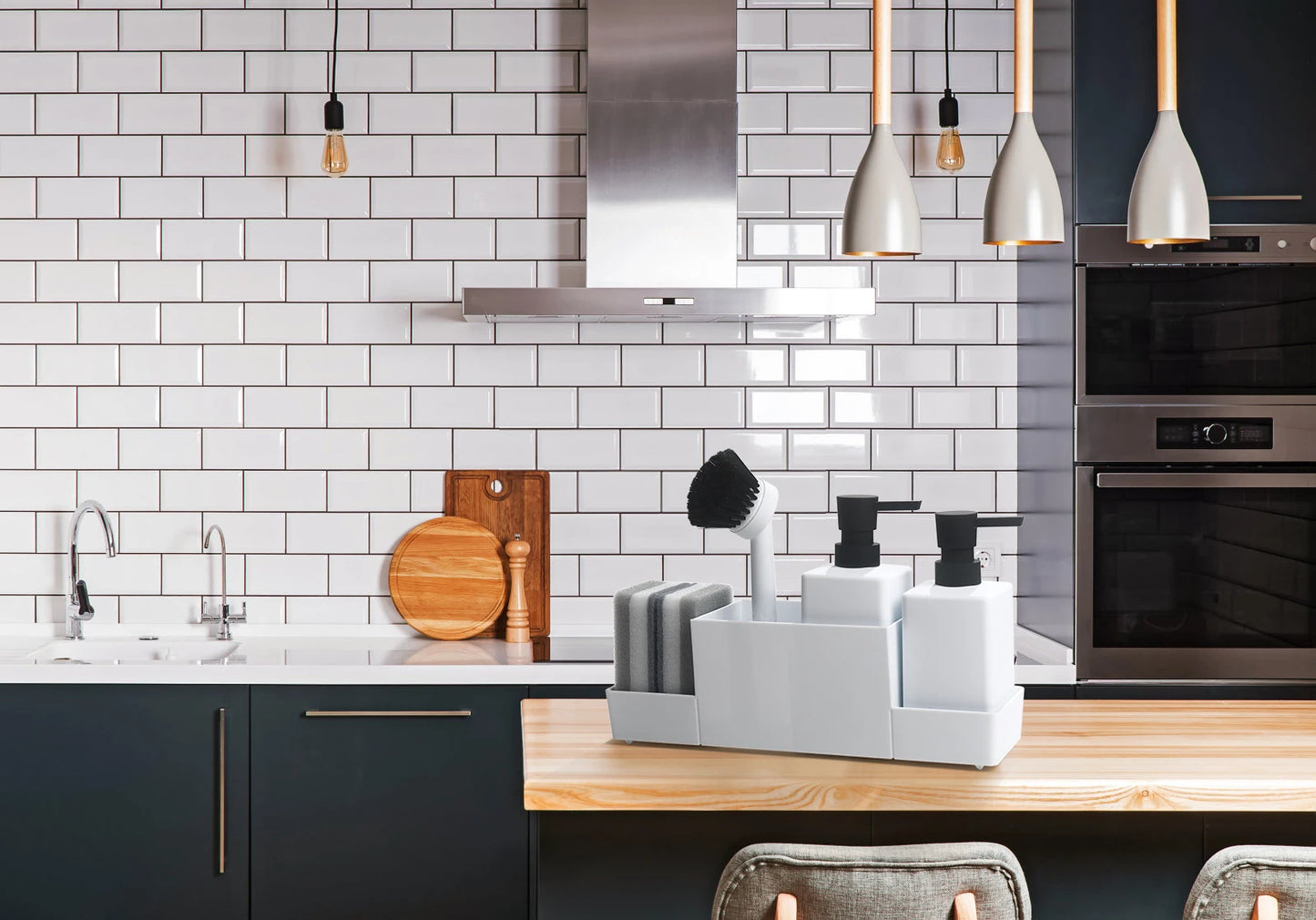 Matte Black Kitchen Soap Dispenser and Sponge Holder Set for Sink Caddy with Hand Soap and Dish Soap Storage