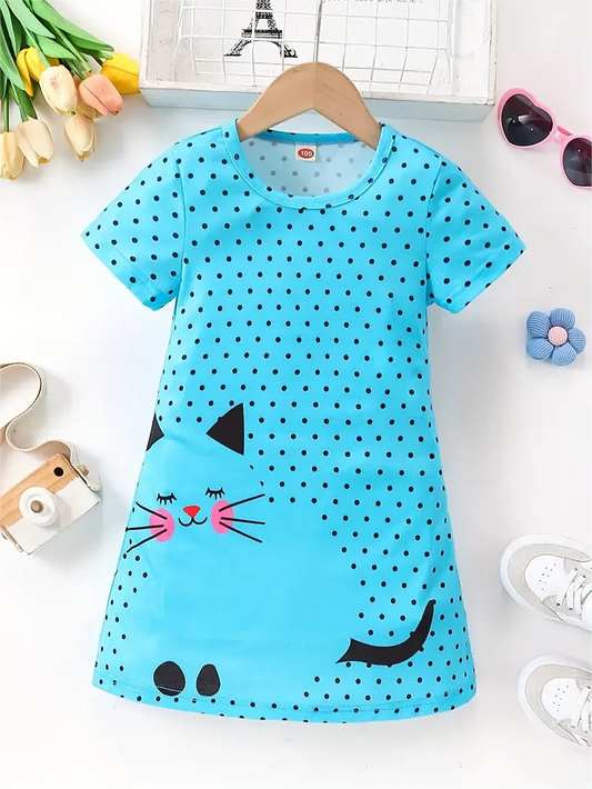 Girls cute casual short sleeve full print polka dot and cat print dress for spring and summer birthday parties