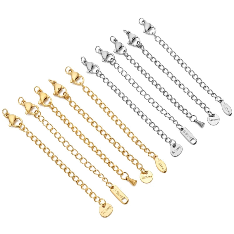 10pcs Stainless Steel Extension Chains with Lobster Clasps for DIY Necklace and Bracelet Making Supplies