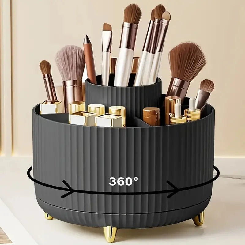 1pc 360°Rotating Makeup Organizer Storage Elegant Stripe Makeup Brushes Holder 5-Compartment Cosmetic Holder for Vanity Bathroom