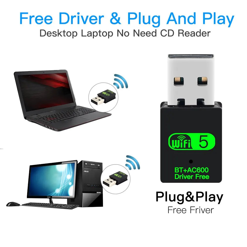 Adaptador USB WiFi Bluetooth FENVI 600Mbps 2 en 1 Dongle de banda dual 2,4 G 5 GHz Receptor WLAN inalámbrico de red USB Wi-Fi 5 CONTROLADOR GRATUITO