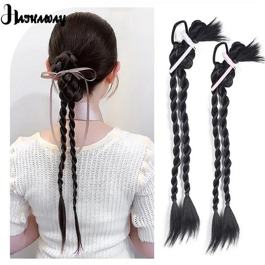 Synthetic Ponytail Wig Braid Female Ribbon Braiding Braided Hair Natural Hair Ring Headdress Braid