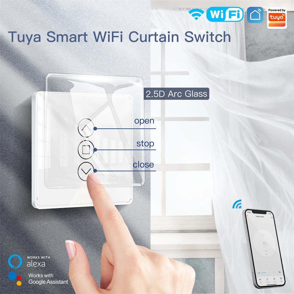 WiFi RF433 Smart 2.5D Arc Glass Touch Curtain Switch for Roller Blinds Shutters Smart Life/Tuya APP Works Alexa Google Home