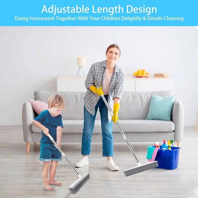 Rubber Broom with Long Handle for Pet Hair Removal Non Scratch Floor Brush for Carpet and Hard Surface Cleaning