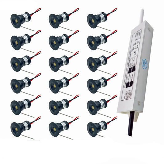1W Mini Recessed LED Spotlight IP65 for Ceilings Cabinets and Stairs 15mm Downlight with 12V Transformer