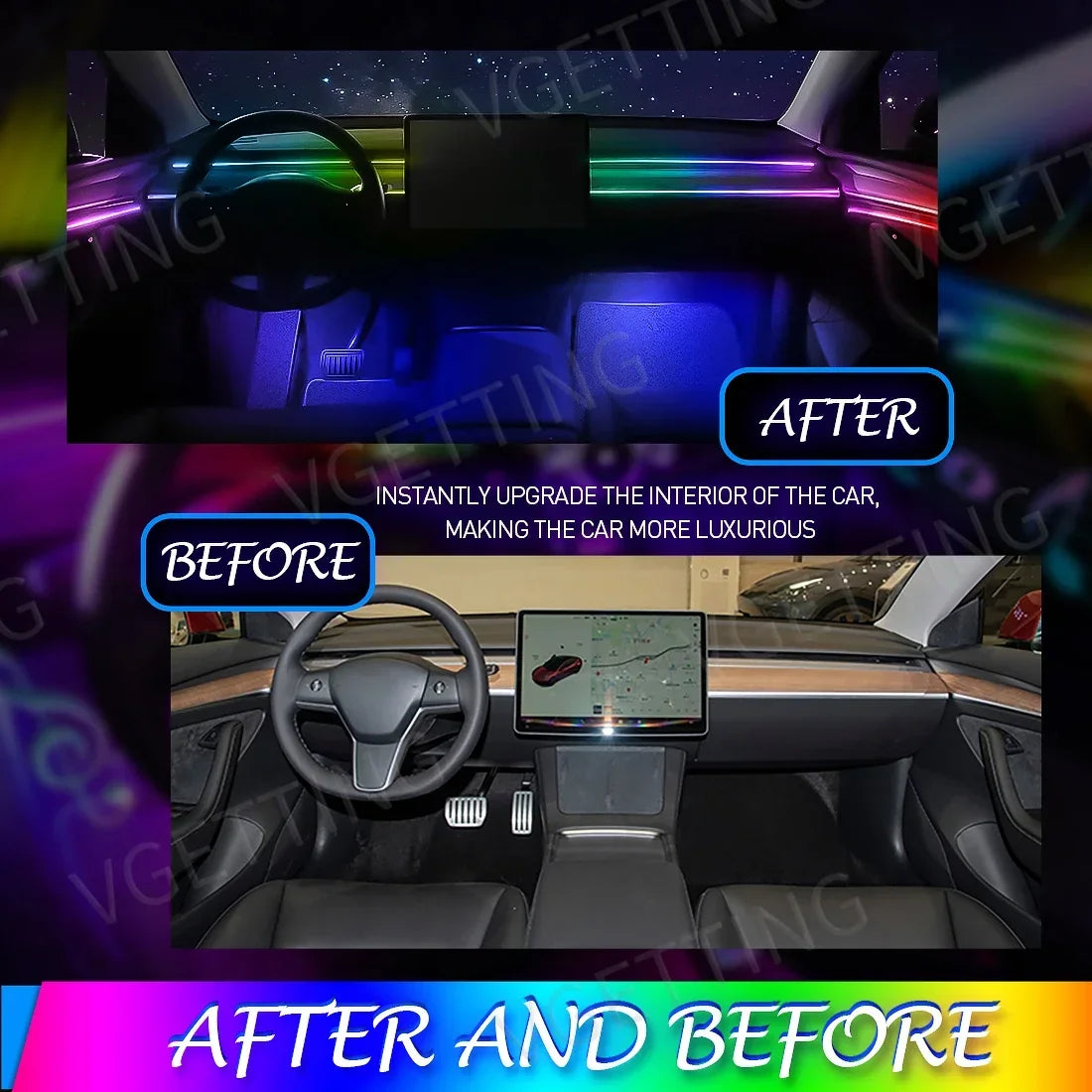 Vgetting 18 in 1 Car Ambient Lights Symphony LED Interior Acrylic Strips Atmosphere Light Button APP Control RGB 64 Colors 12V