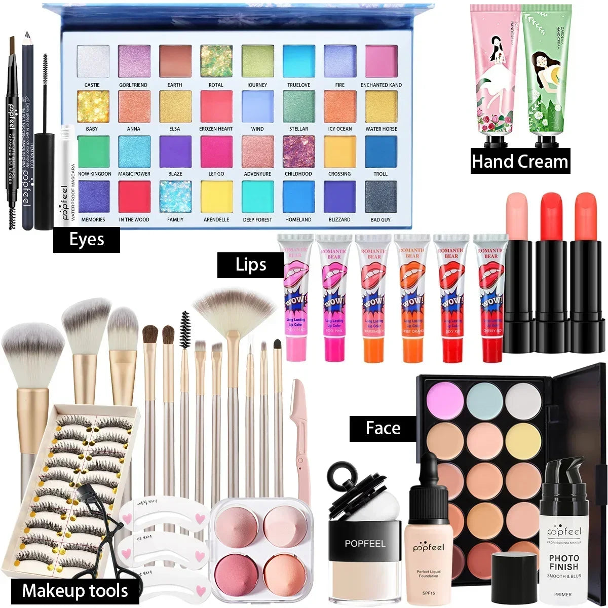 Popfeel All in One Makeup Kit Gift Set with Eyeshadow Palette Foundation Lip Gloss Blush Brushes and Eyeliner Essential Beauty Collection