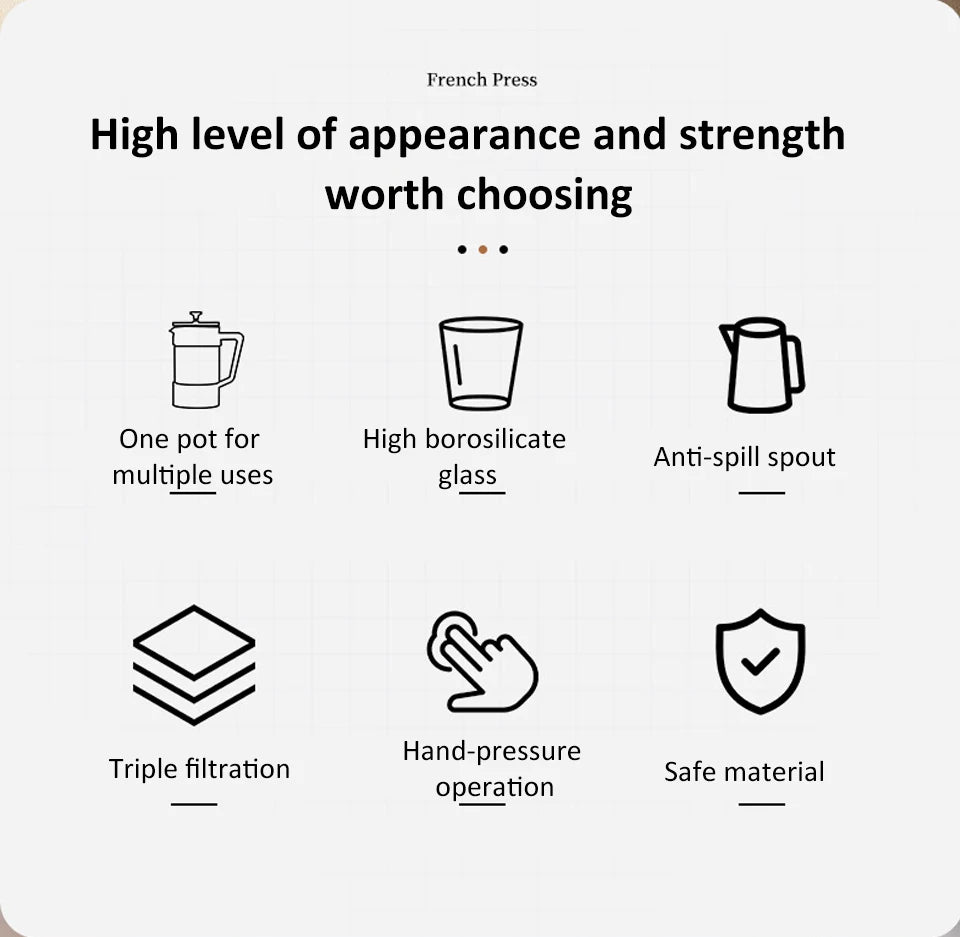 French Press Coffee Maker – 350ml/600ml/1L Borosilicate Glass Pot with Stainless Steel Filter