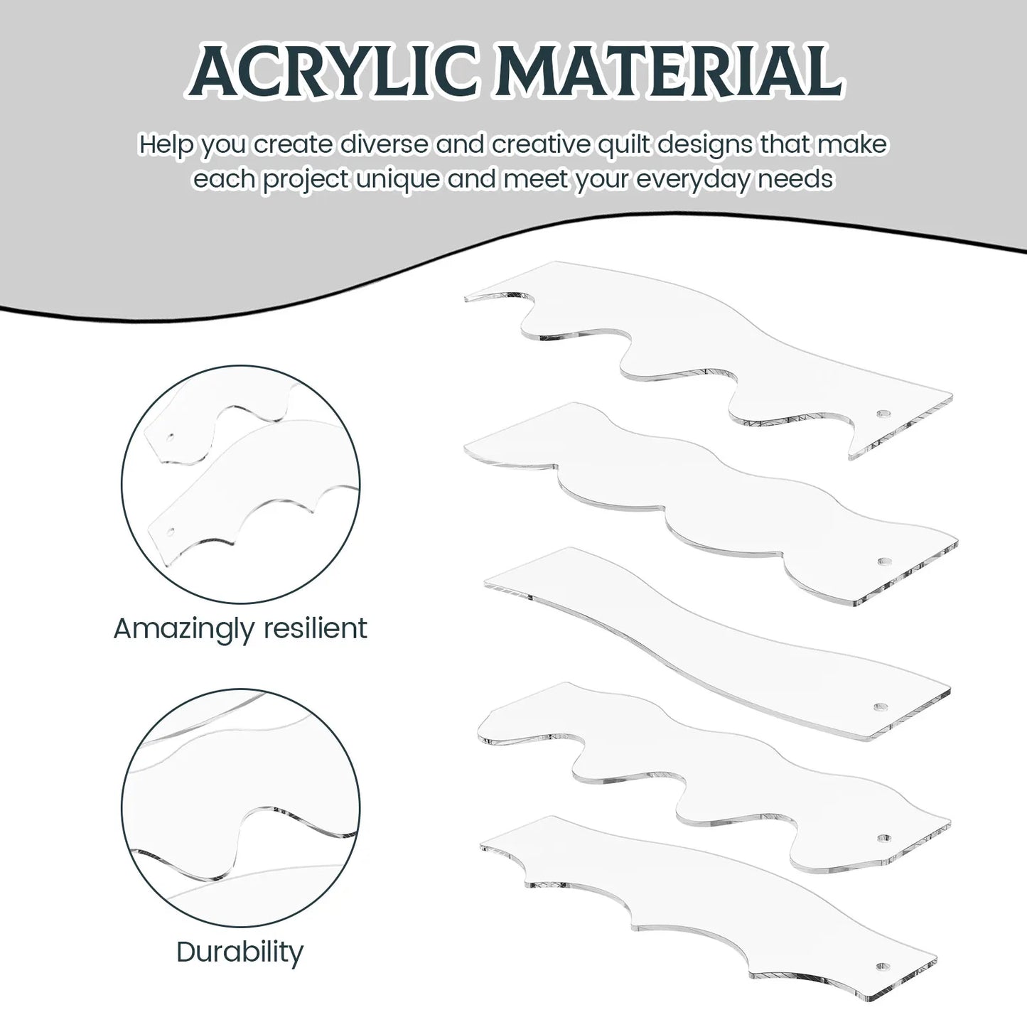 Wave Edge Quilting Ruler Set with 6 Acrylic Templates for Creative Free Motion Sewing - 5 or 10 Pieces