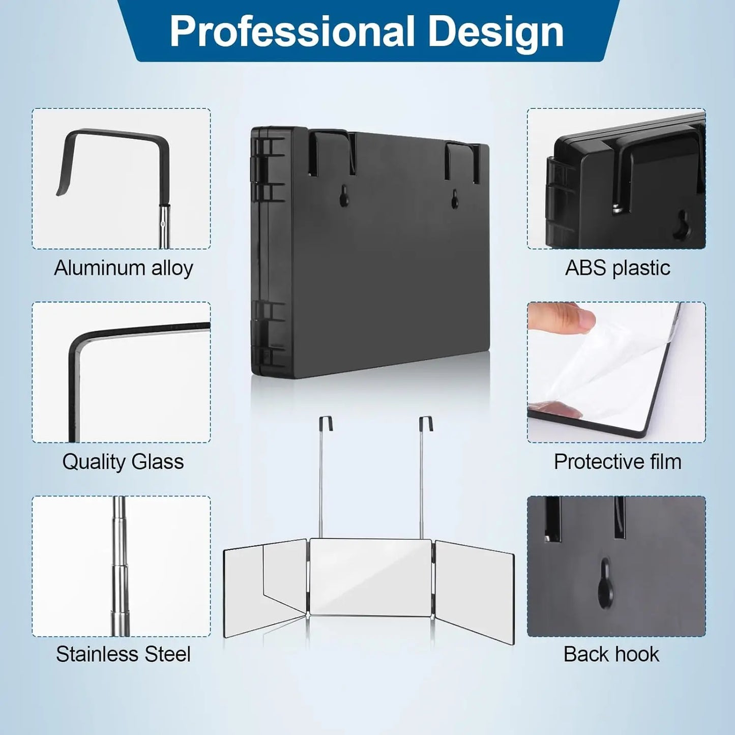 Black Portable 360 Degree Trifold Mirror with Height Adjustable Telescoping Hooks for Self Hair Cutting and Makeup Application