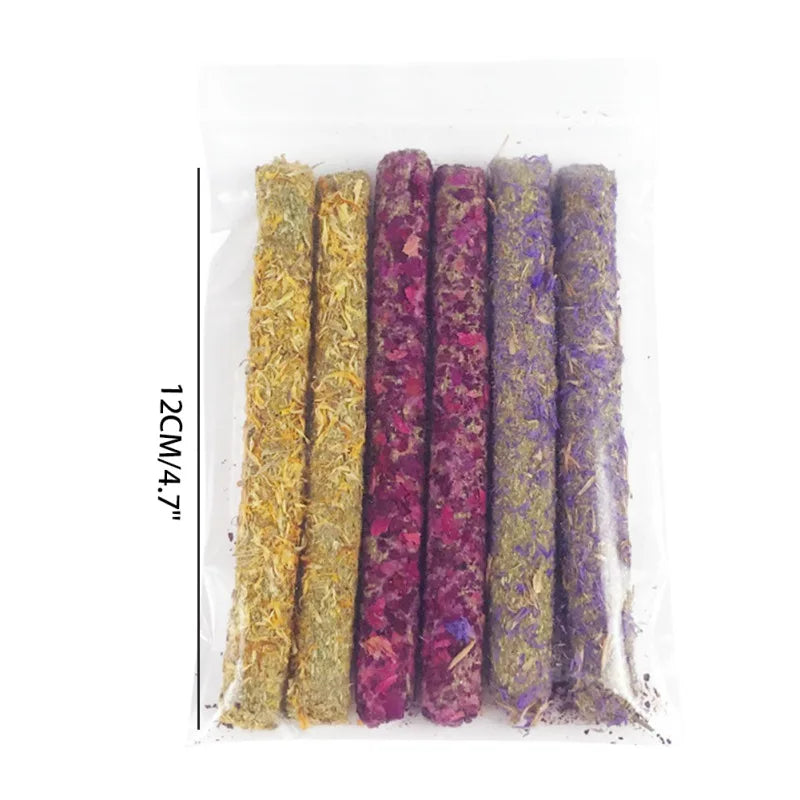 6Pcs/set Rose Calendula Lavender Stick Molar Chewing Toys Dental Care Chewing Snacks Suitable for Rabbits, Hamsters, Chinchilla