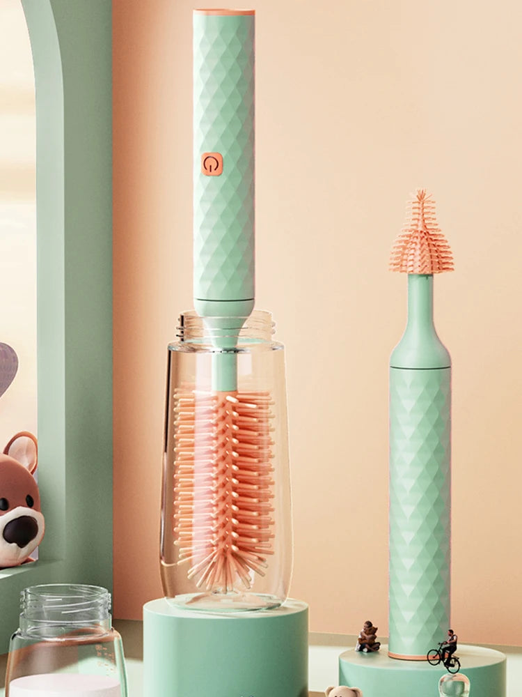 3 Pieces Electric Bottle Brush Set with 360 Degree Rotating Long Handle Waterproof Silicone Cleaning Brushes for Straws and Pacifiers
