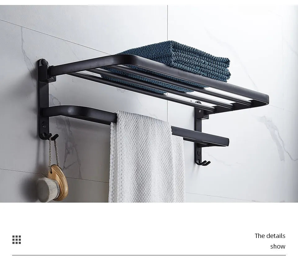 Matte Black 50CM Folding Holder With Hook Towel Holder Wall Mount AluminumTowel Rack