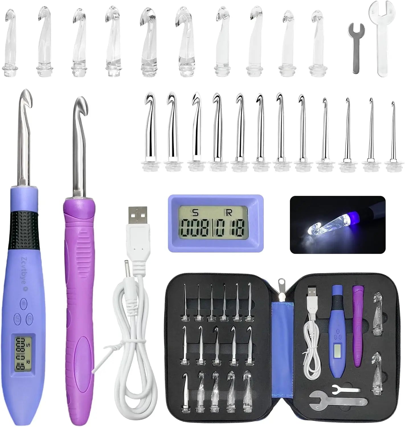 22PCS Lighted Crochet Hook Set with Counter Ergonomic Interchangeable Metal Heads for Comfortable Crocheting