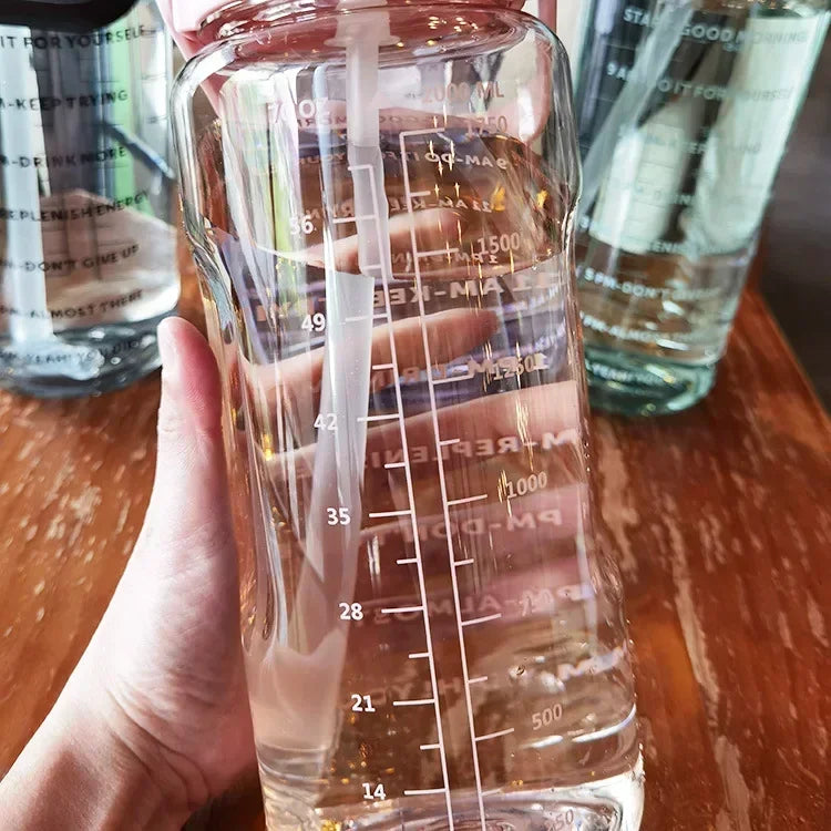 2L Portable Water Bottle With Straw And Time Marker For Sports Fitness