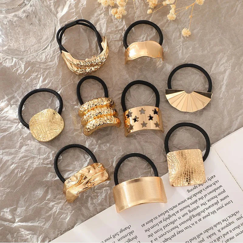 New 2024 Metal Irregular Golden Color Hair Bands Elastic Hair Scrunchies Hair Rope Headbands Women Girls Hair Accessories Gifts