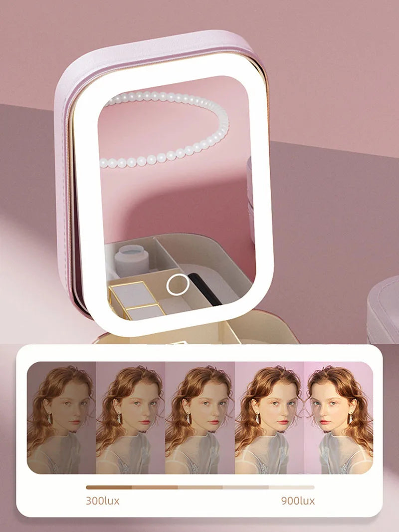 LED Makeup Bag With Mirror And Light Portable Cosmetic Storage For Women Small Lipstick And Brush Organizer