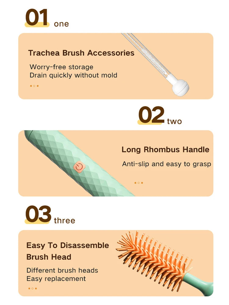 3 Pieces Electric Bottle Brush Set with 360 Degree Rotating Long Handle Waterproof Silicone Cleaning Brushes for Straws and Pacifiers